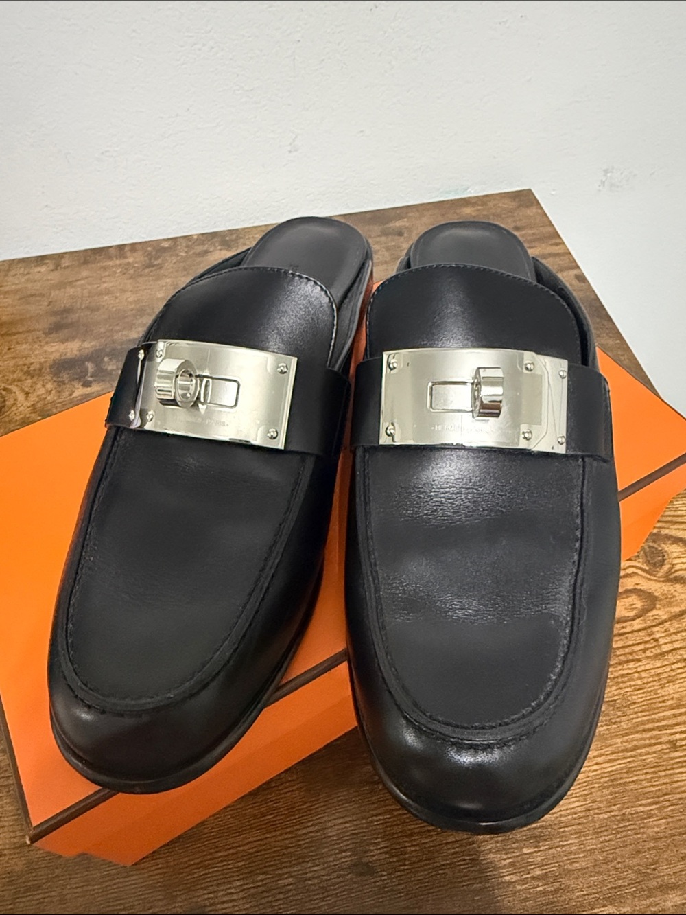 Hermes Black Leather Slip-On Loafers with Silver Plate